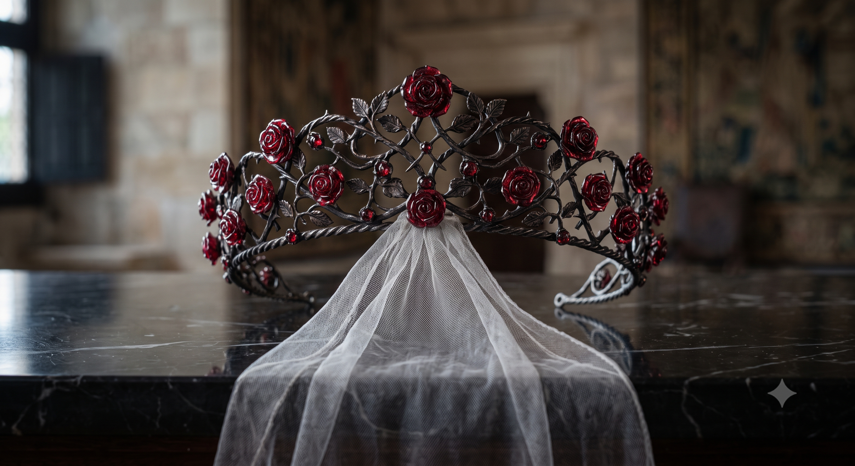 The Veiled Crown of Unspoken Longing, a dark iron tiara woven with garnet roses and a gossamer veil