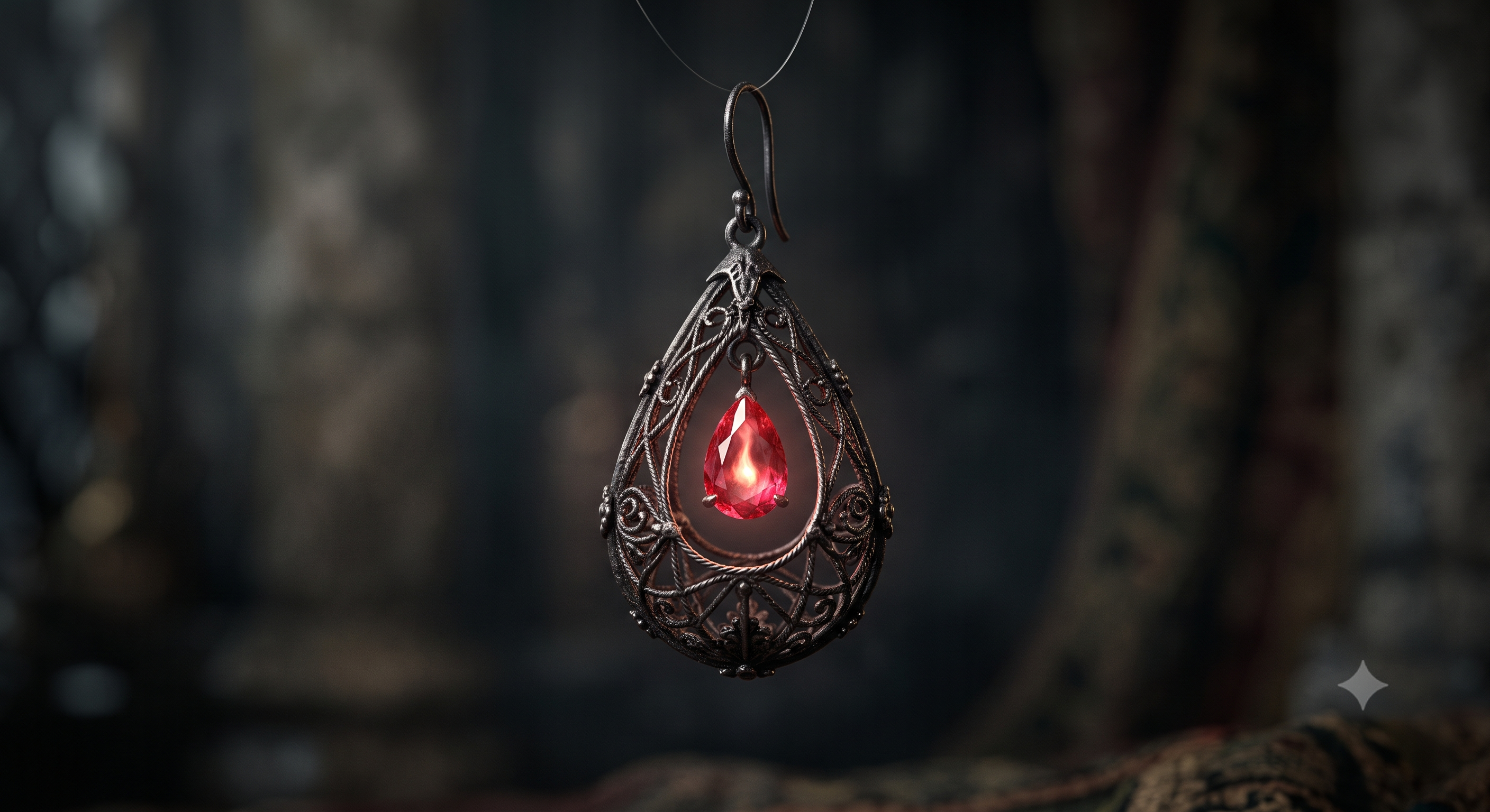The Earring of Whispered Secrets, a dark iron teardrop holding a glowing ruby flame