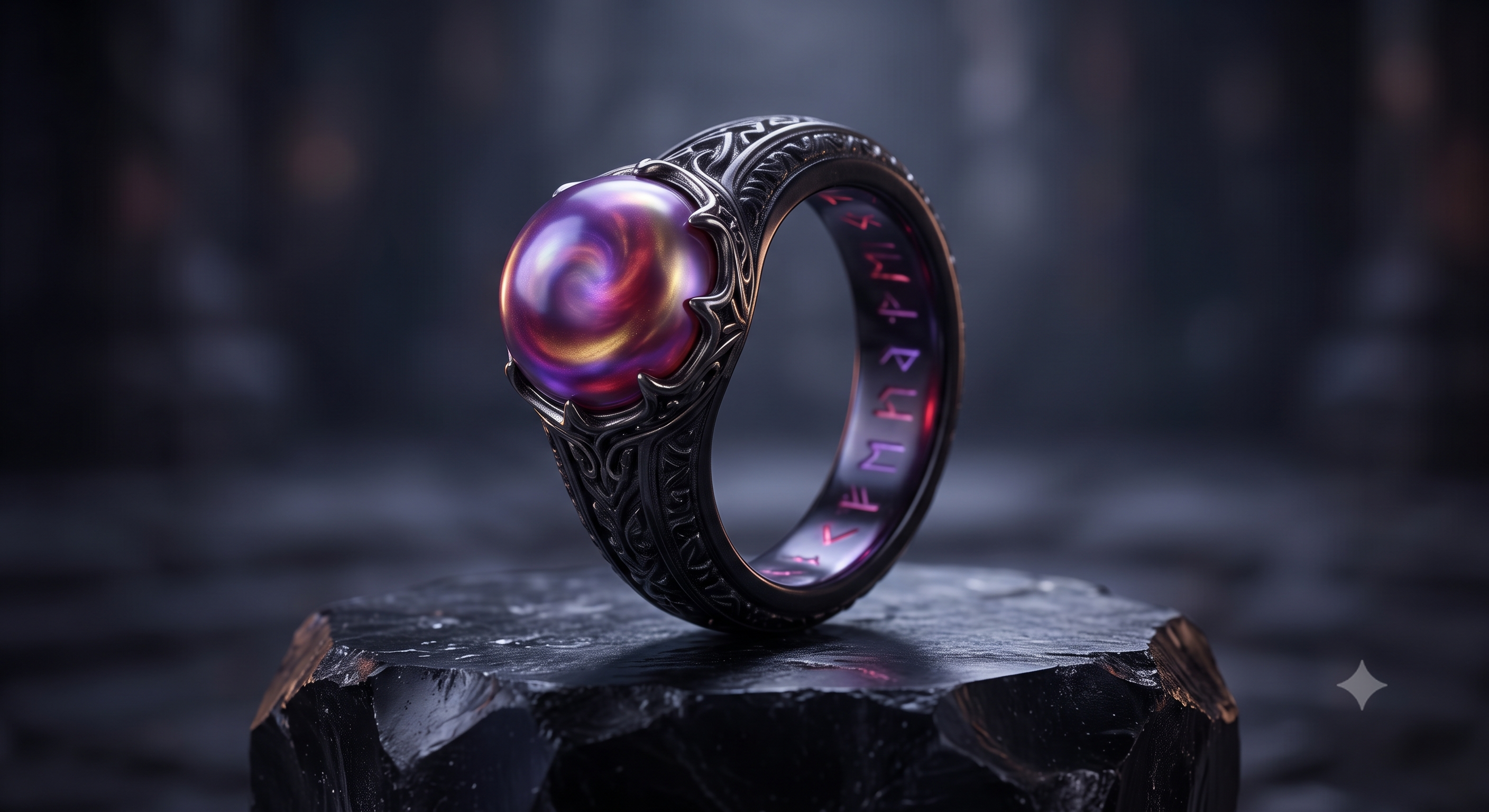 The Ring of Infinite Opportunity, a black band set with a shifting violet-and-gold pearl