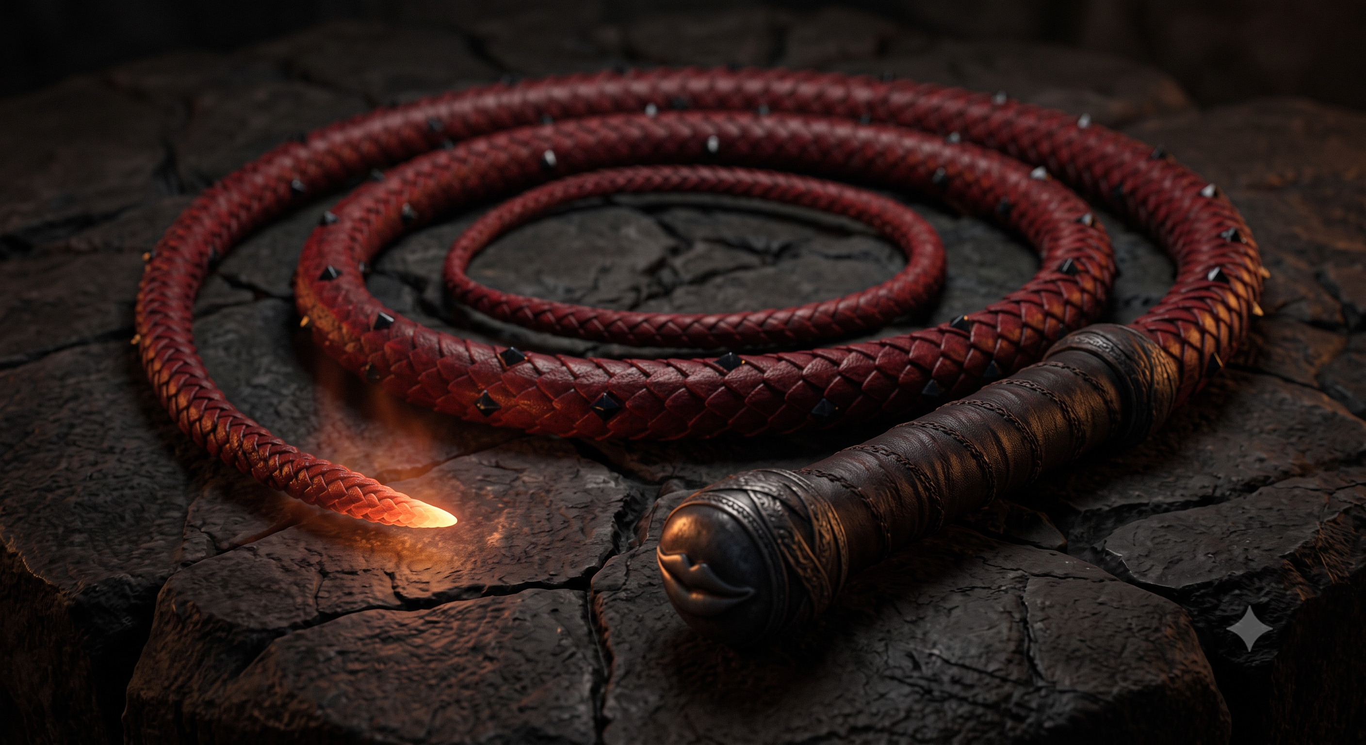 The Lash of Submission, a coiled crimson whip artifact of Caro Vanta