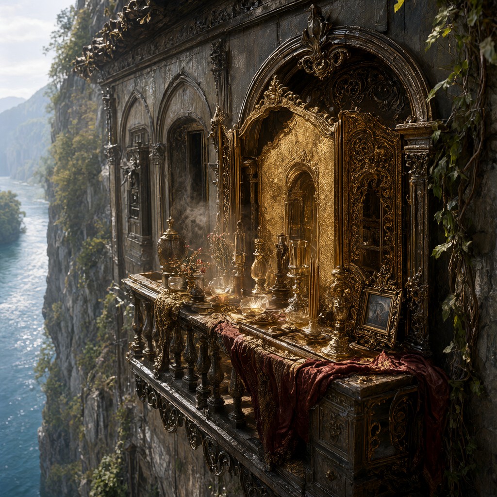 An opulent gold-leaf shrine on a cliff-house balcony with rich cloth and incense haze, the river far below