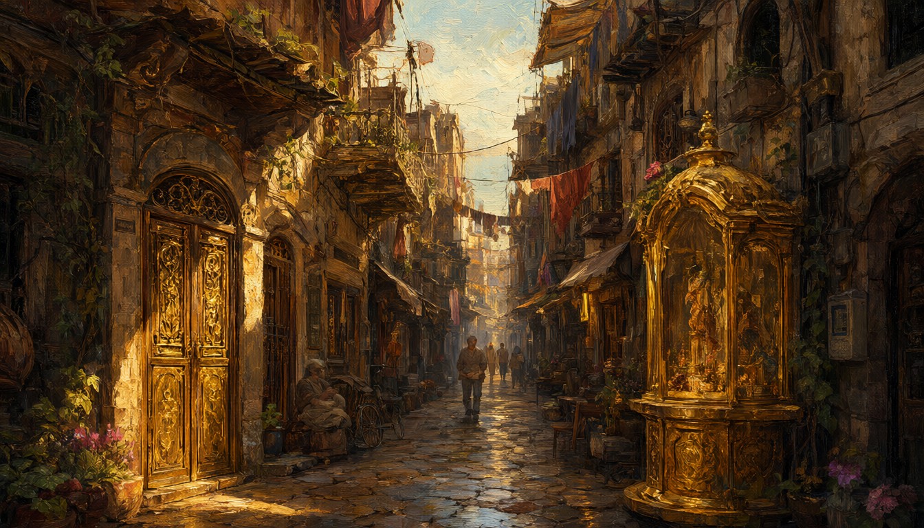 A narrow lived-in lane in Khome with gold-leaf doors and a small gilded shrine-front, wash-lines overhead, late afternoon sun on stone