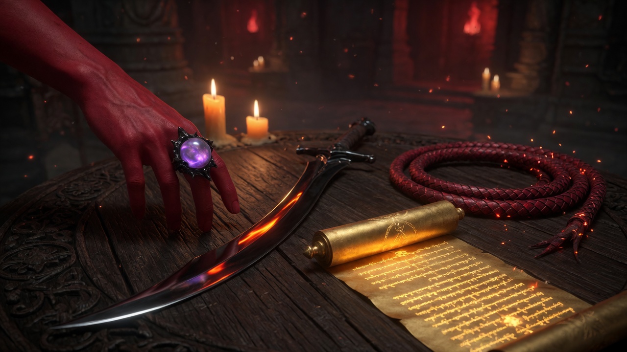 Caro Vanta's ringed hand beside her sword, whip, and a sealed scroll, laid out on a candlelit altar