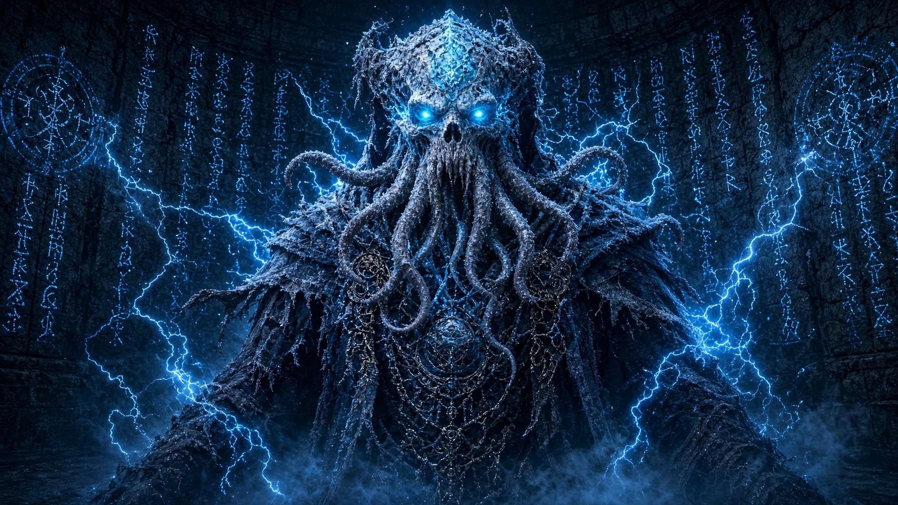 The Nyarlathen, the Ice Lich's true form, a skull-faced aberrant horror wreathed in tentacles and blue arc-lightning