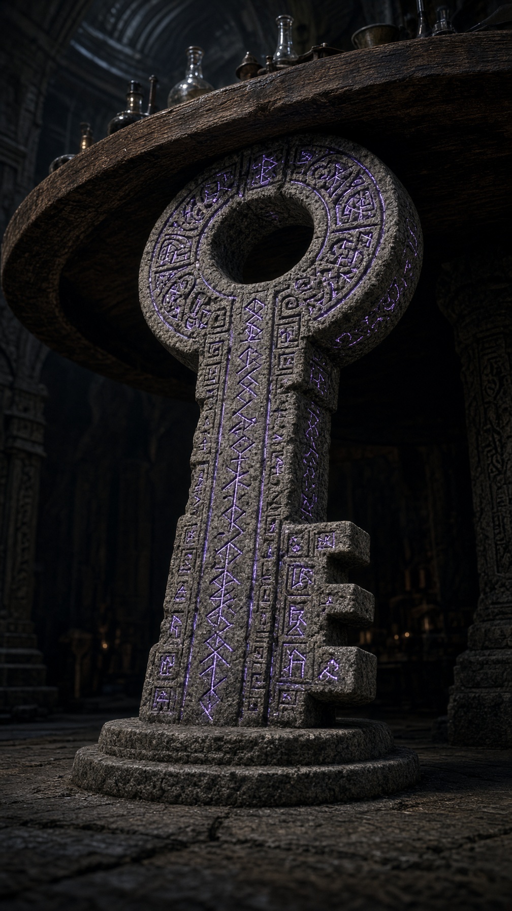 A massive stone key carved with glowing purple runes, resting beneath a wooden table