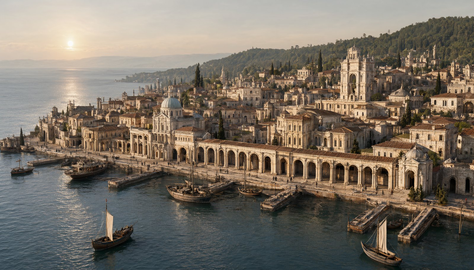 Darmaine on the shore of its great lake: pale columned buildings, domes and arches above stone quays and calm water