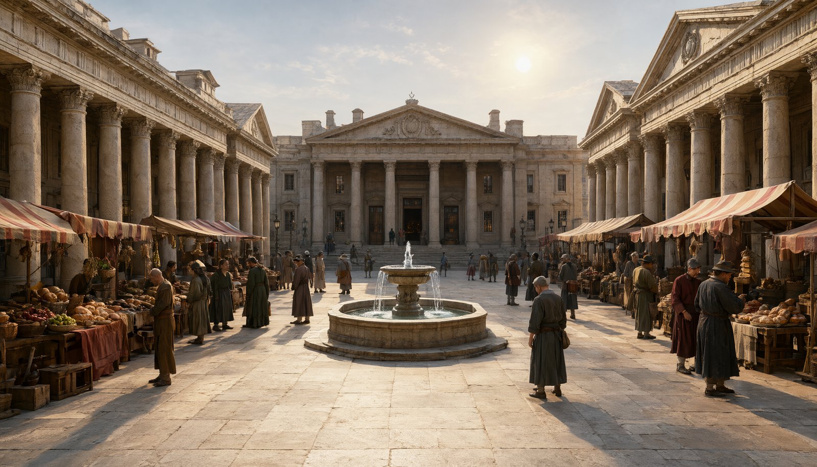 A wide paved square surrounded by columned porticoes and pale stone civic halls, people at market under awnings