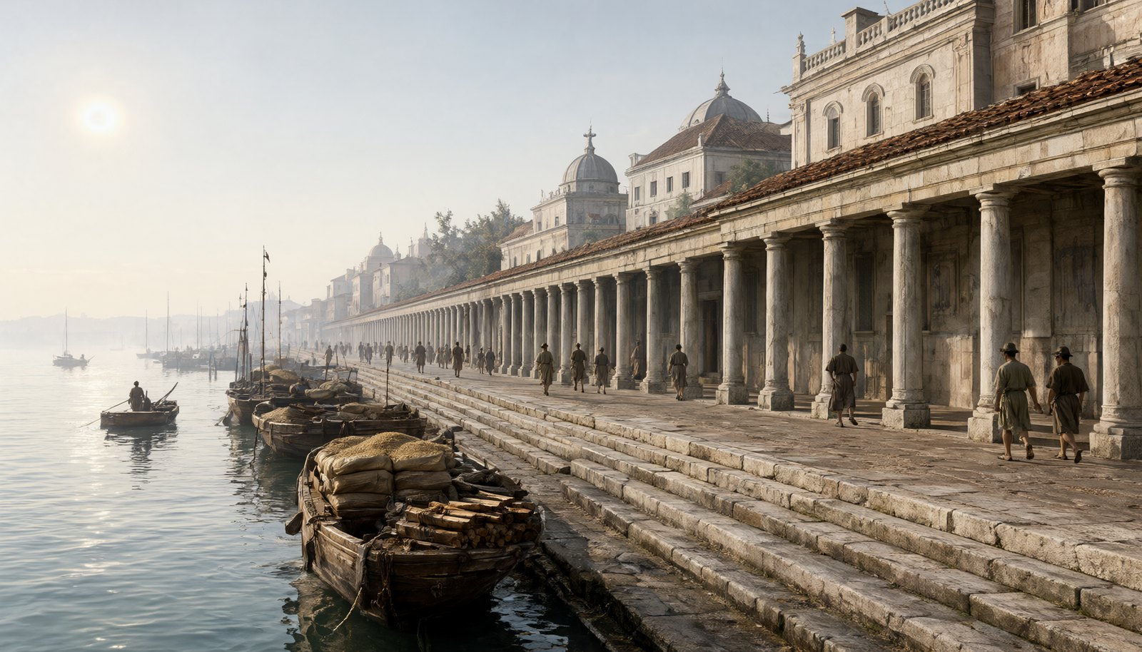 A colonnaded stone promenade along a wide calm lake, barges and fishing boats at the quays, a city of pale columned buildings behind