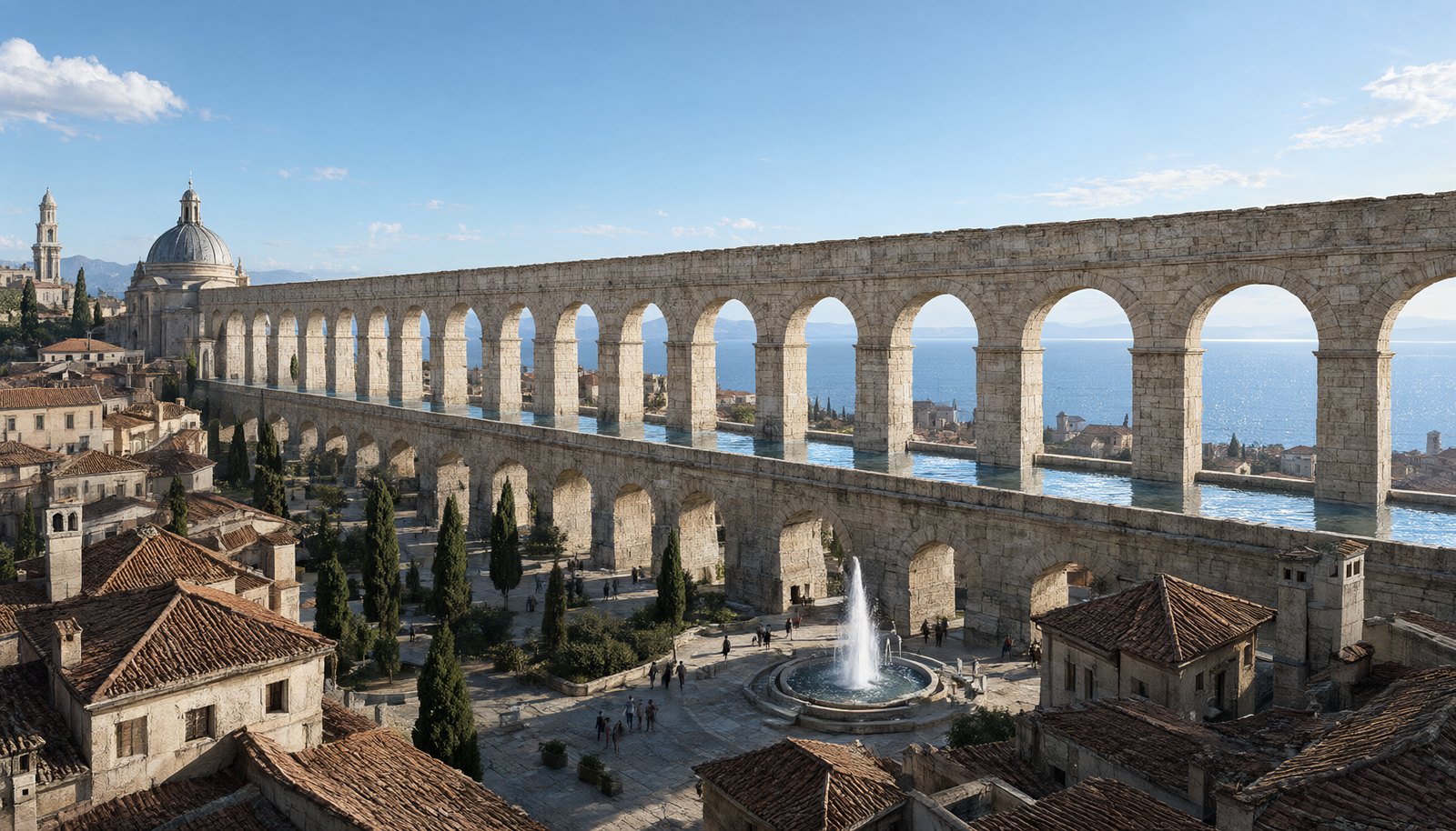 A tall line of stone arches carrying water across a pale city toward a domed bath-house, the lake beyond