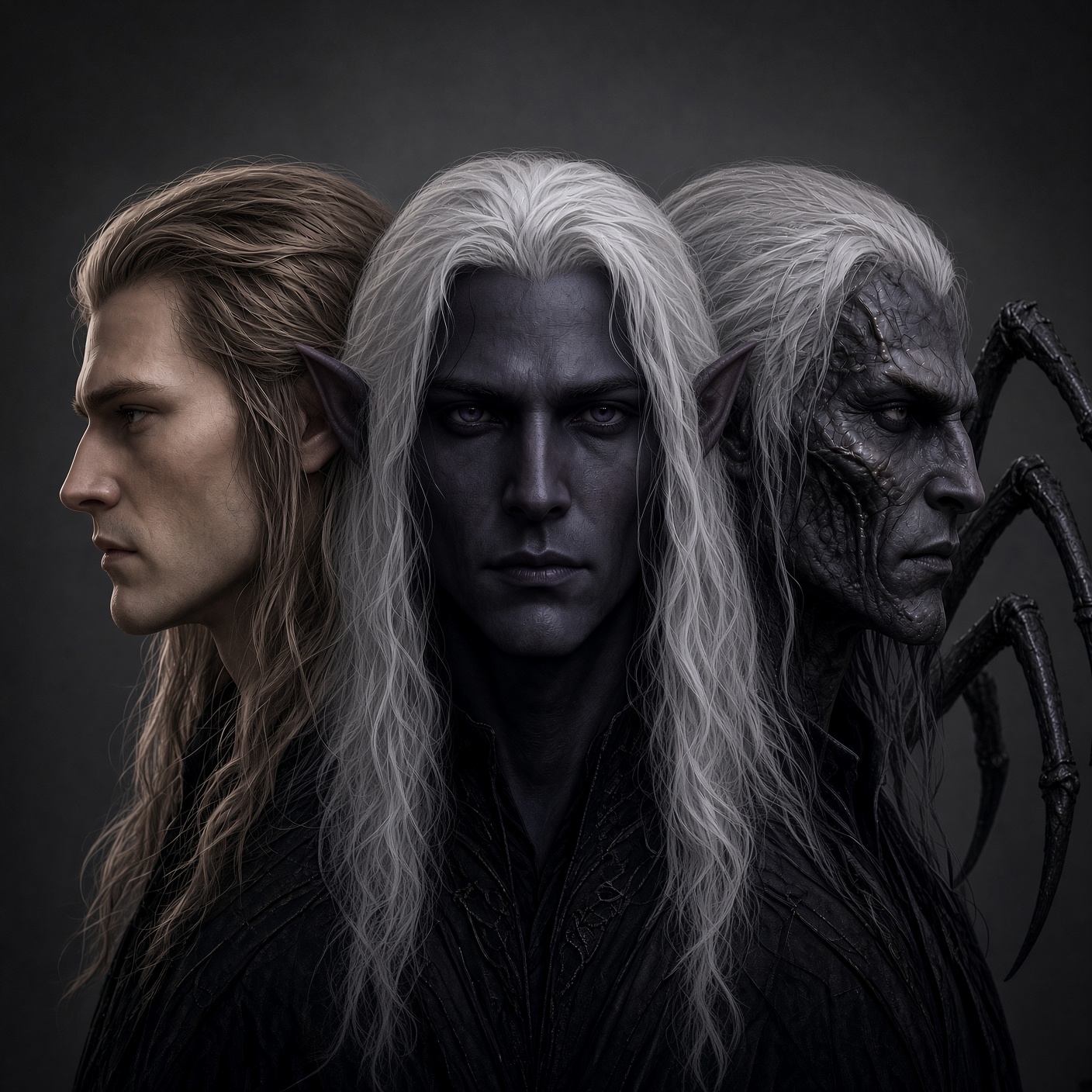 Deor'c Aelf's three forms: the surface elf, his true autochthon face, and the spindrel underneath both