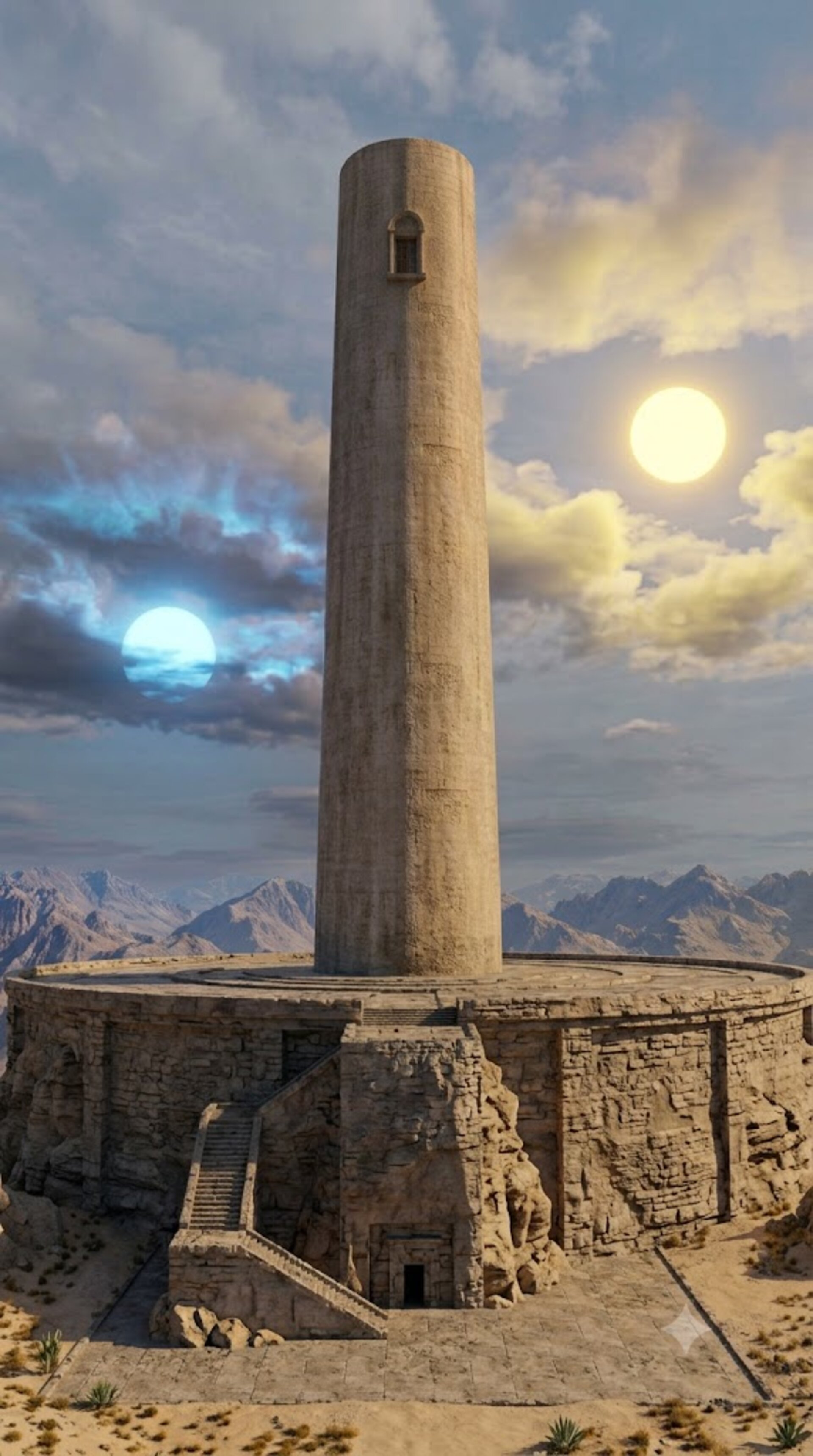 The tower of Iüdex, standing alone beneath both suns of Miranda