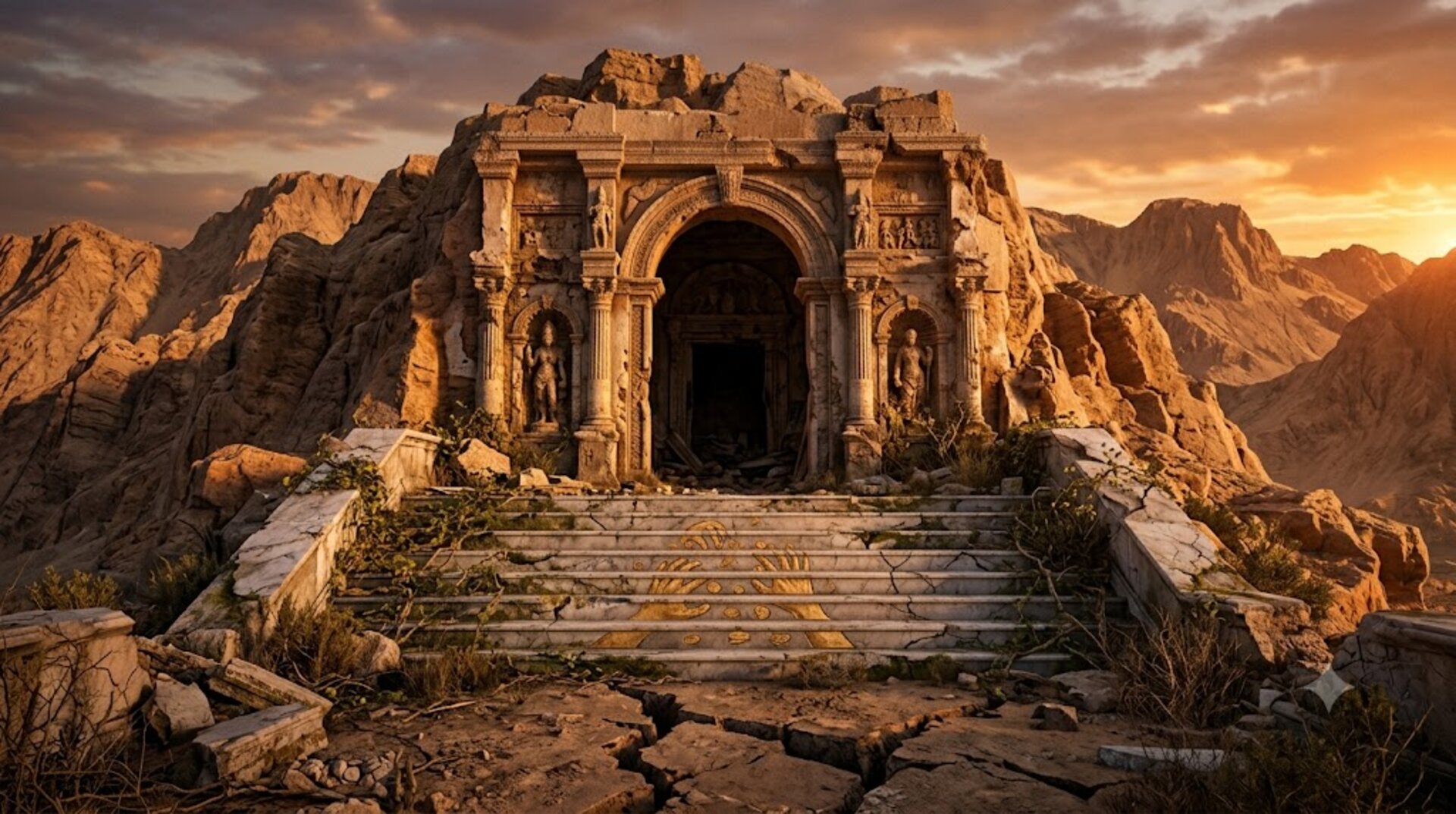 The ruined temple of Orbain, its entrance arch cracked open at sunset