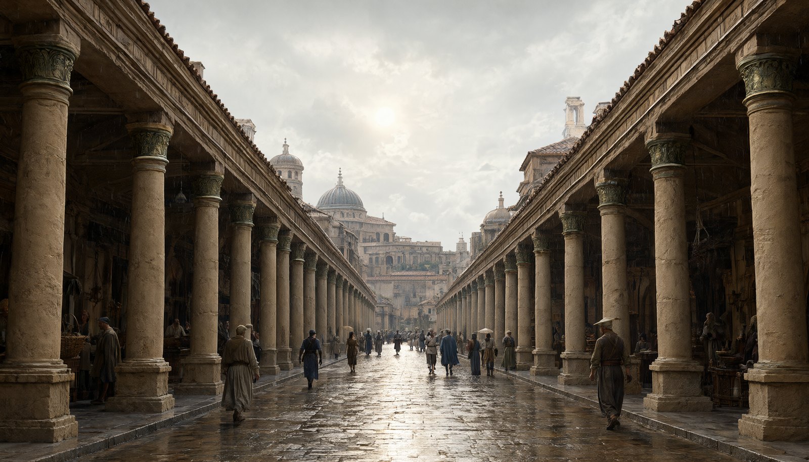 A long street lined with covered colonnades of pale stone columns, people walking in their shade, domed roofs beyond