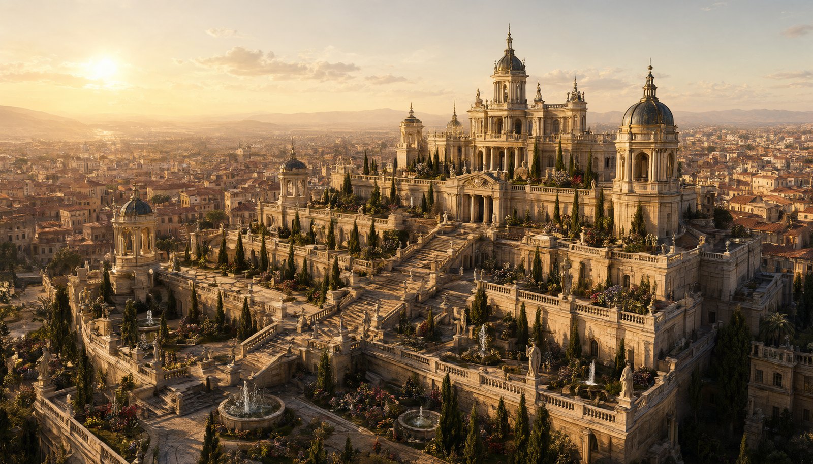 A terraced palace with domes and columned facades on a rise above a pale stone city, gardens on the terraces