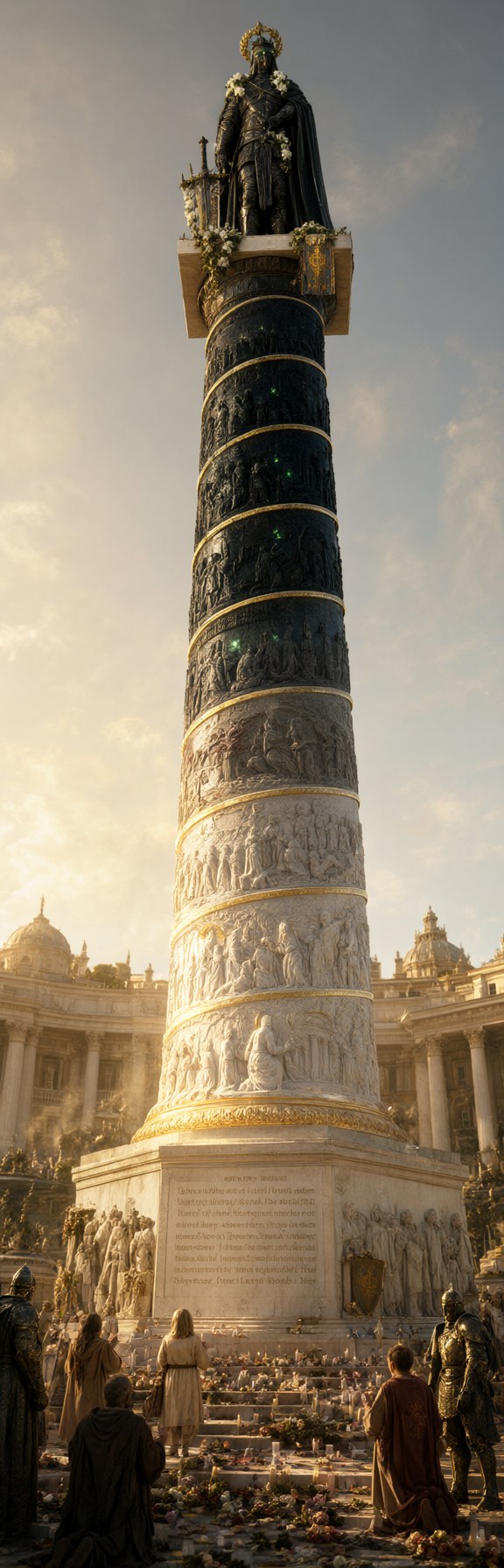 The same column with black stone covering its upper half above gold bands, the lower half still white marble, crowds below