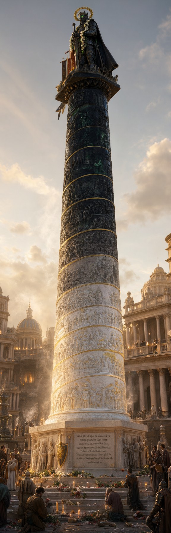The column black above and white below, gold bands between, sunlight behind it and crowds at the base