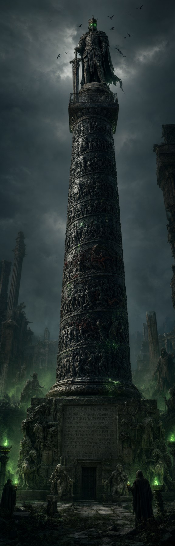 The column black from crown to base, green fire burning at its foot, a statue of an armored death knight with a sword on top under a dark sky