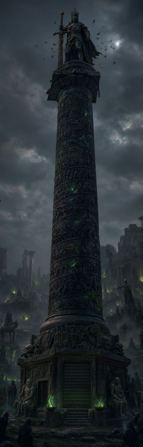 The column black from crown to base under a night sky, green lights at its foot and a death knight statue with a sword on top