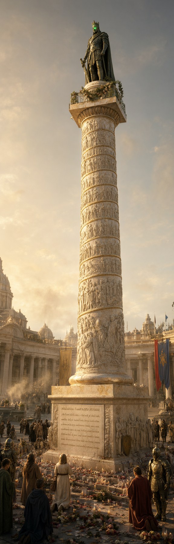 A gleaming white marble column with a spiral relief and a statue of an armored king on top, crowds and flowers at its inscribed base