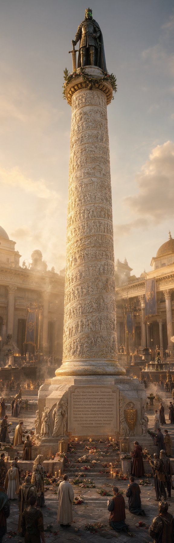A gleaming white marble column with a spiral relief and an armored king on top, crowds and flowers gathered at its inscribed base