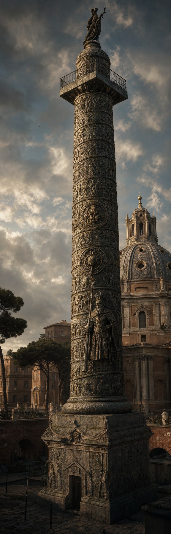 The column weathered to gray-bronze stone under a cloudy sky, domed buildings and pines around it