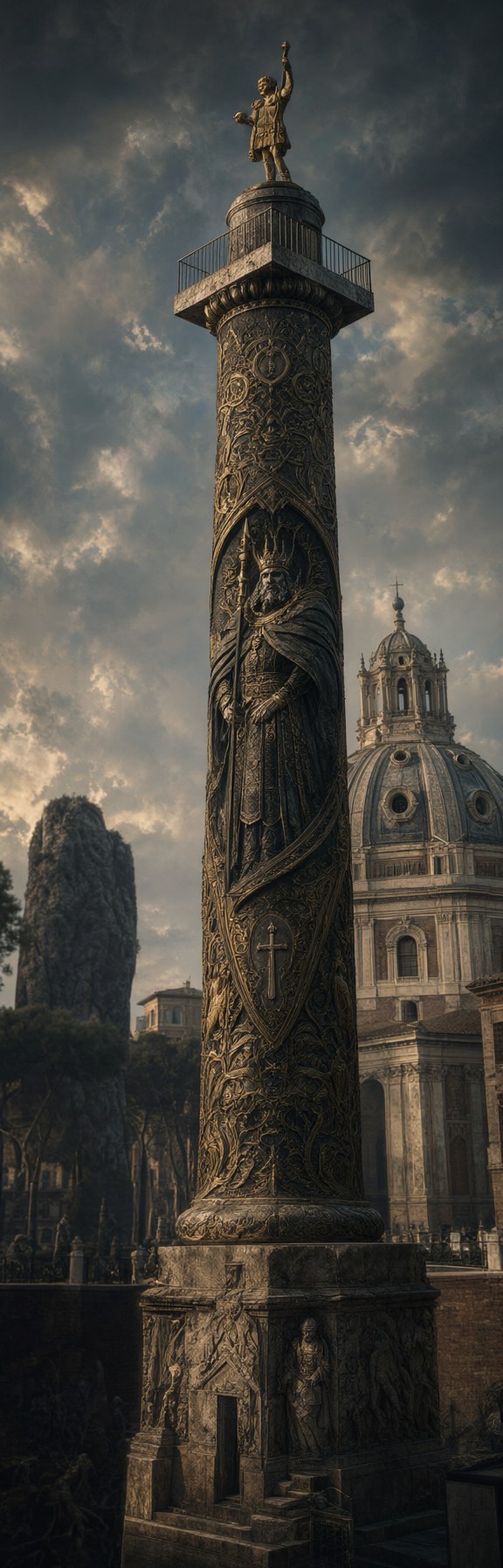 The weathered column with a tall carved robed figure in its relief, domes and ruins around it under a cloudy sky