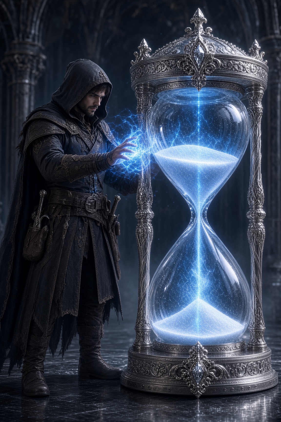 A hooded figure channeling lightning into the Sands of Eternity, a towering ornate silver hourglass filled with glowing blue sand