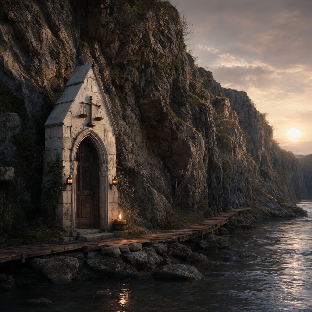 A small pale-stone chapel cut into the cliff beside the river, scales carved over its door, oil lamps lit at dusk, a plank road leading to it