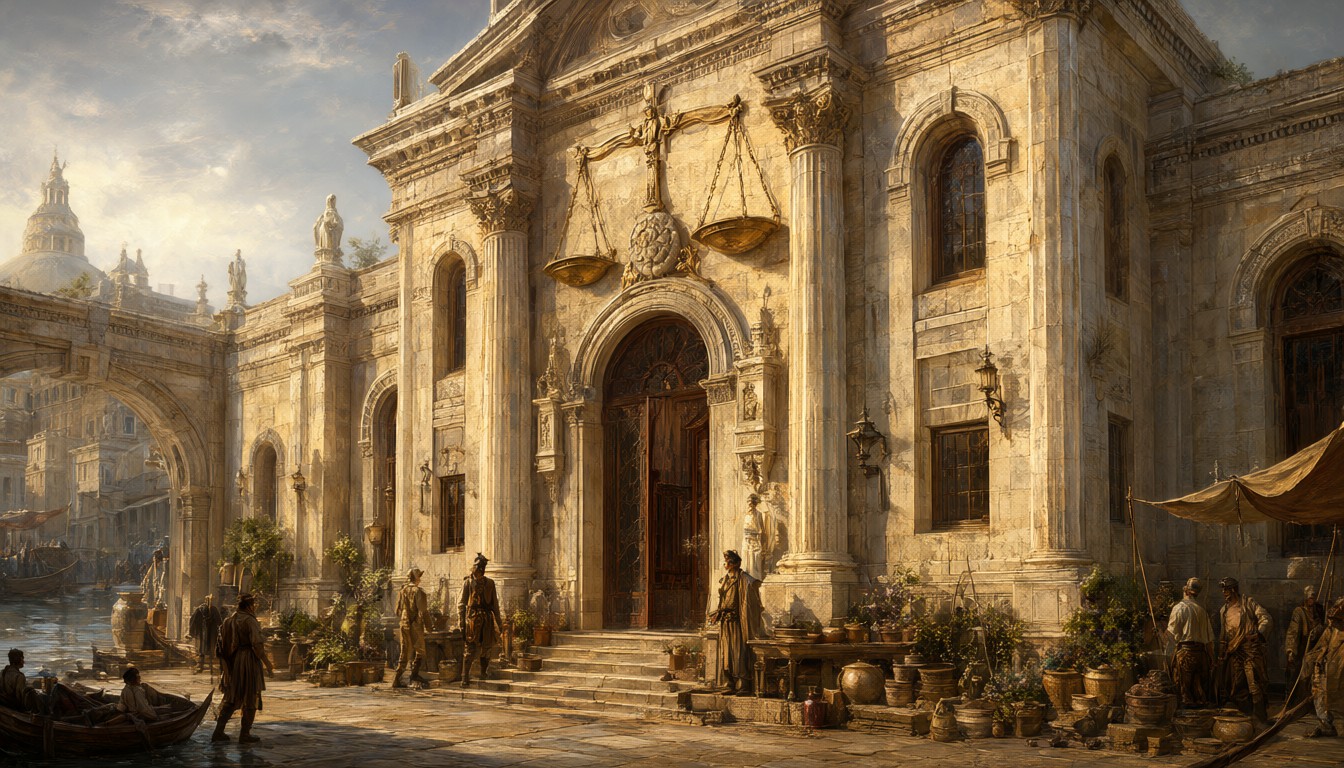 A pale limestone temple in Khome with a sign of scales over its door, ordinary worshippers on the steps and a river market at its edge