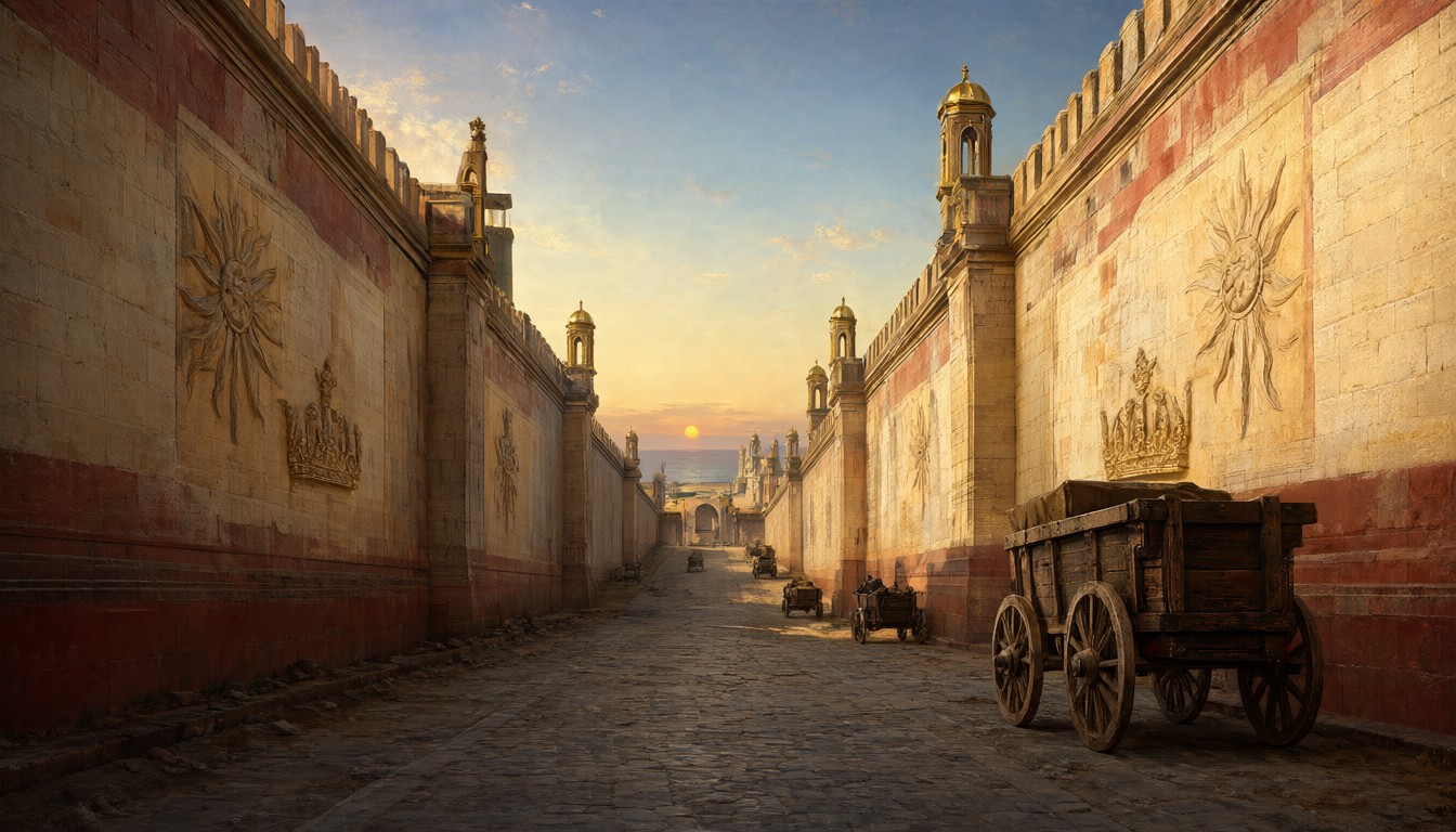 A wide paved road between two cream and faded-red walls carved with sun and crown reliefs, a grain cart in the road and the sea at the far end