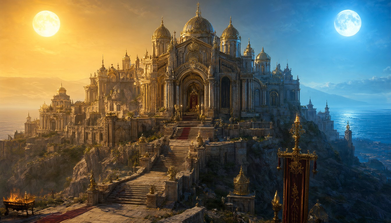The gilded domes and pale stone of Khome's Crown Precinct rising on its hill above the sea, a gold sun and an azure sun in the sky