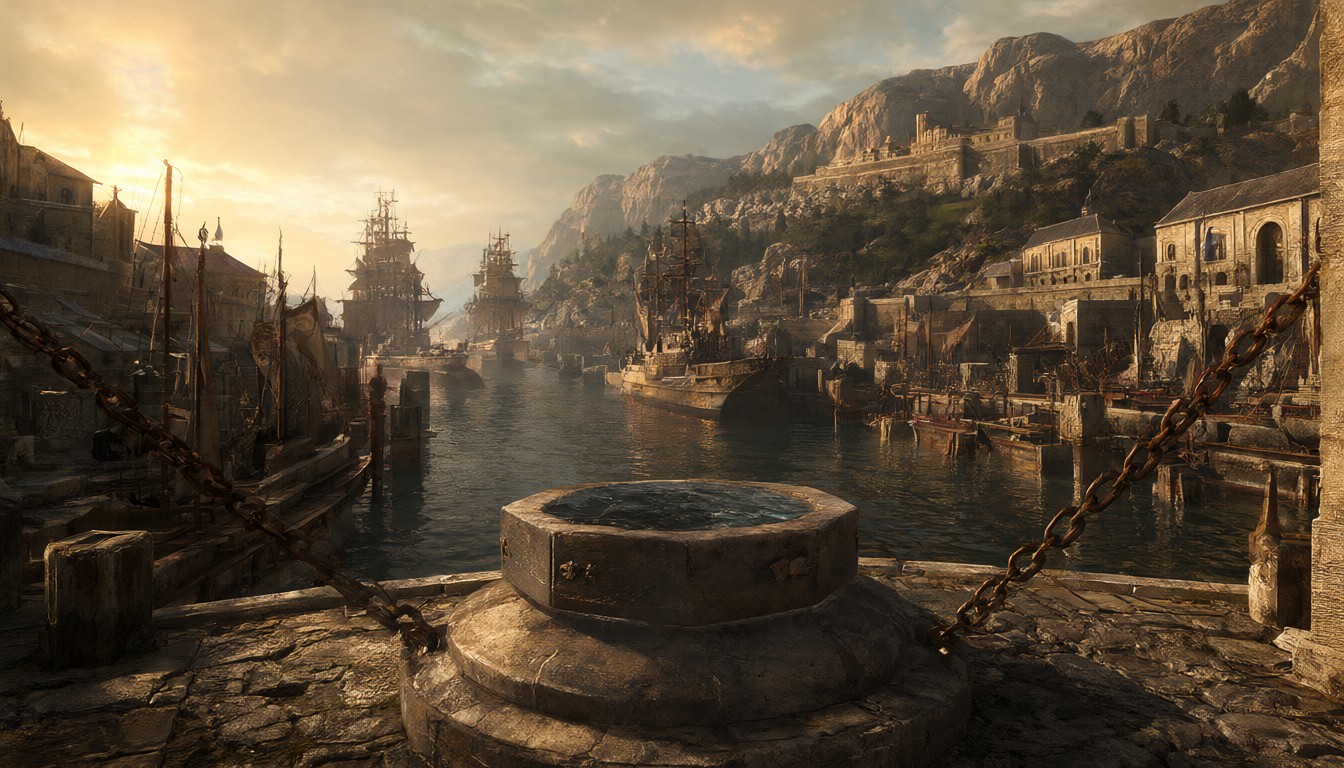 The chained royal basin of Khome in warm gold light, warships at the quays and the fortified hill behind
