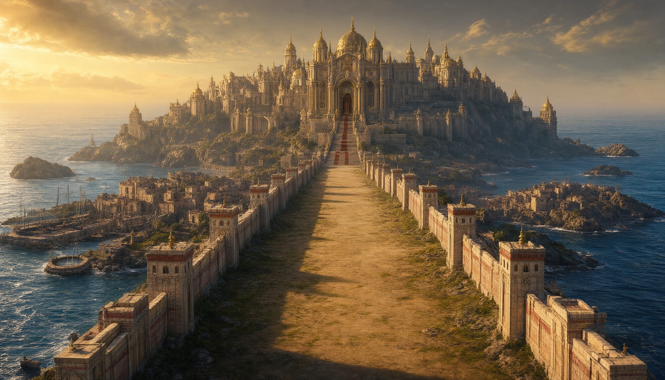 Two long parallel walls with gold-capped towers running from a harbor town up to the domed city of Khome on its hill, sea on both sides