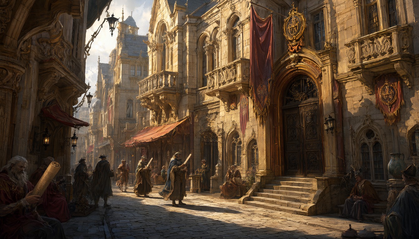 Noble manors of pale stone and gold trim along a paved street in Khome, lords and seers passing sealed scrolls in hard afternoon light