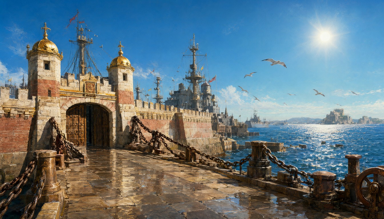 A water-gate of cream stone banded with red between two gold-capped towers, a wet paved road and harbor chains leading to open water