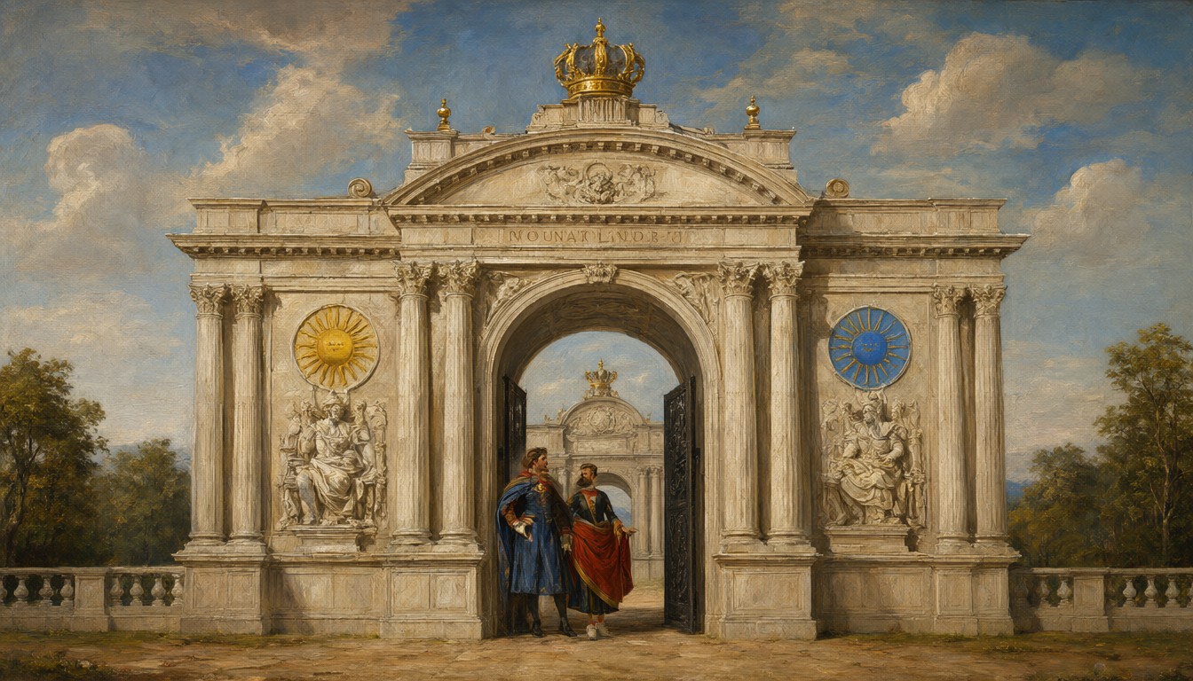 A pale stone gate crowned in gold, with a gold sun medallion on one side and an azure sun medallion on the other