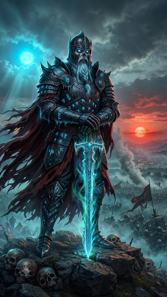 Horkos as a Death Knight, standing over a battlefield at dusk, glowing icy blade planted in stone
