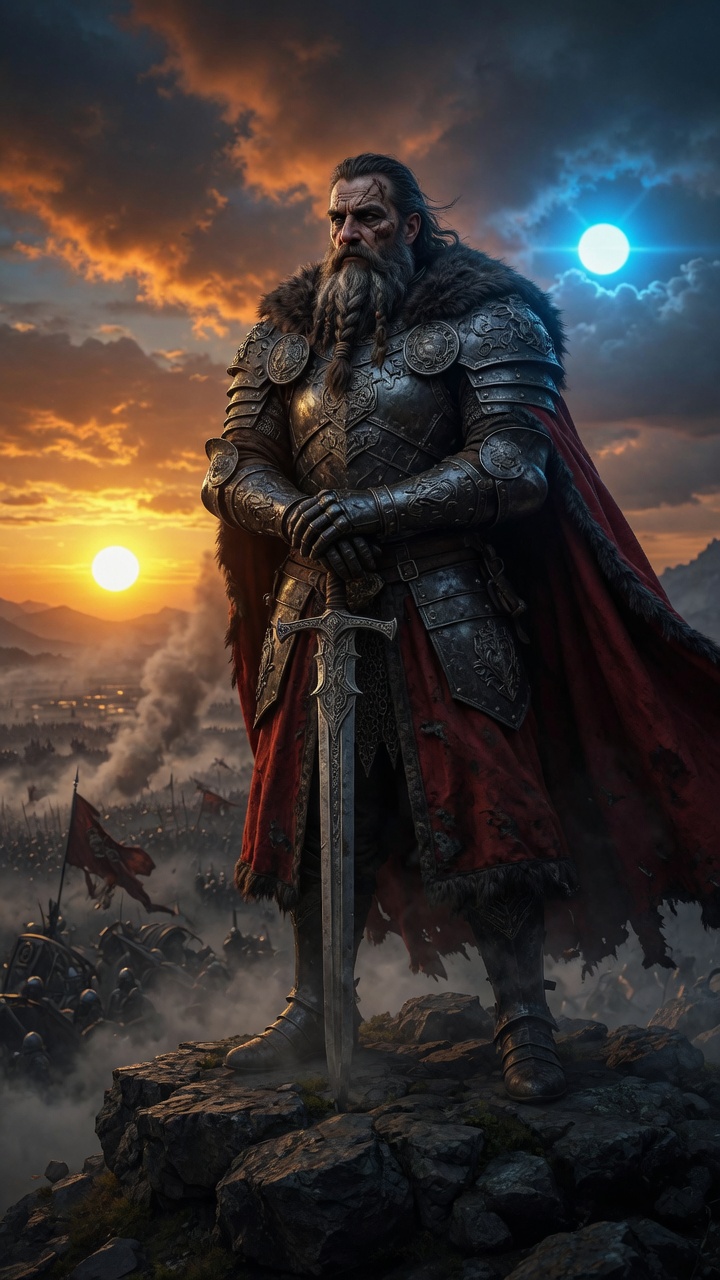 Horkos as a mortal king, standing over a battlefield beneath twin suns