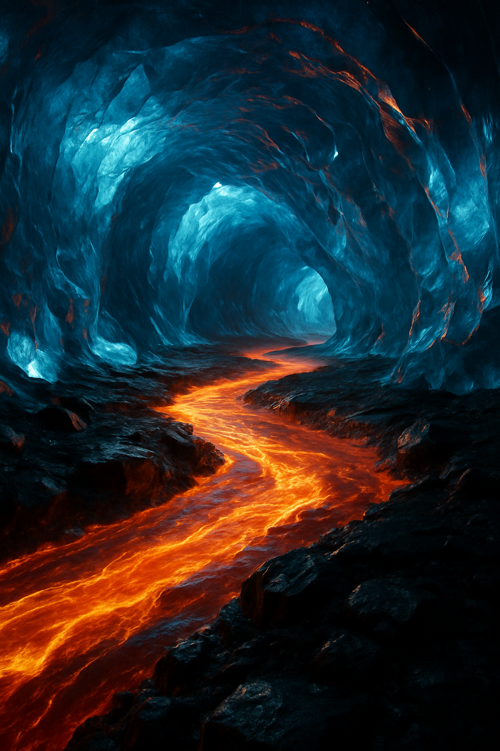 A river of molten lava winding through an ice tunnel beneath Korone's glacier