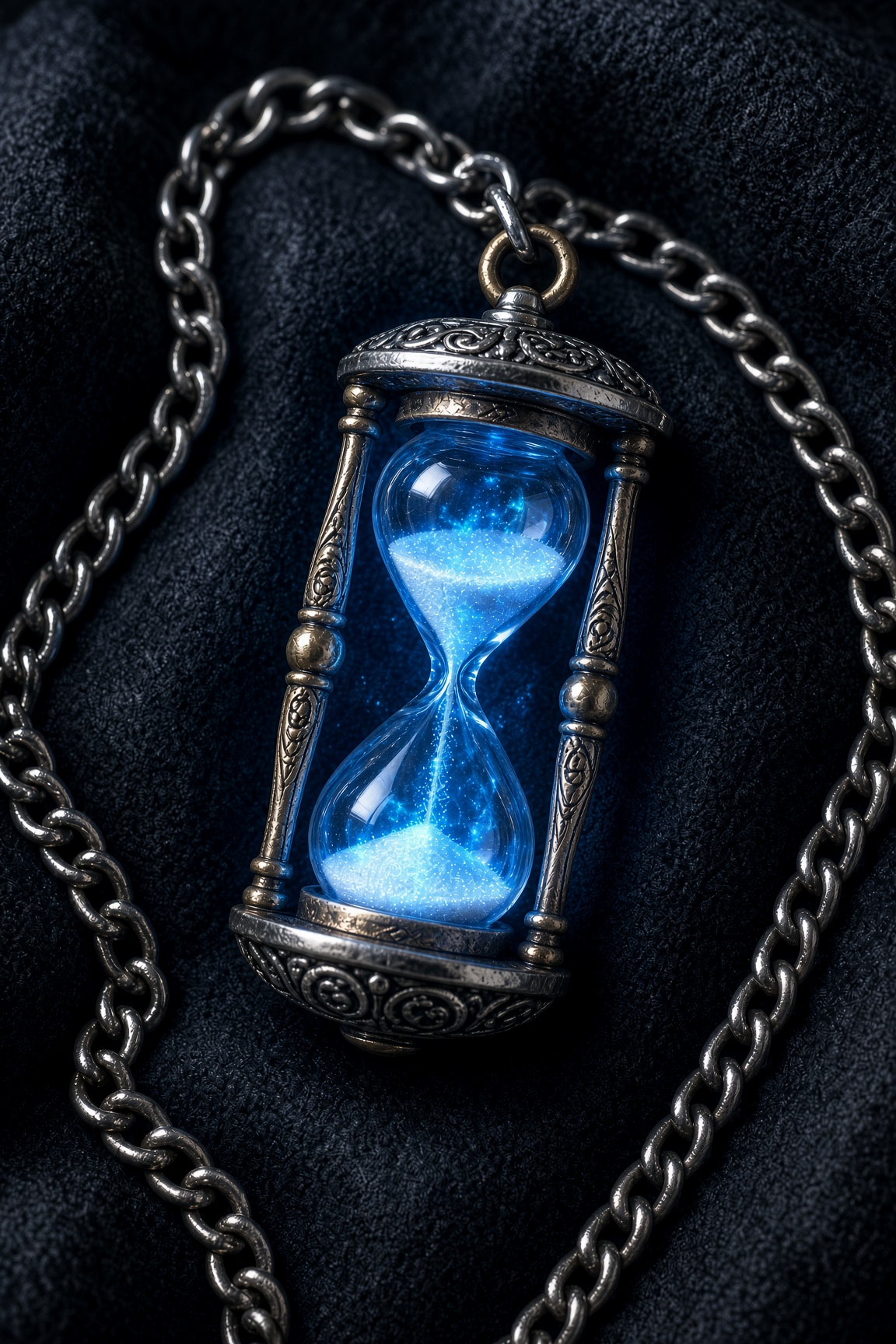 The Minute-Glass of the Unbroken Thread, a small silver hourglass pendant on a chain, filled with glowing blue sand
