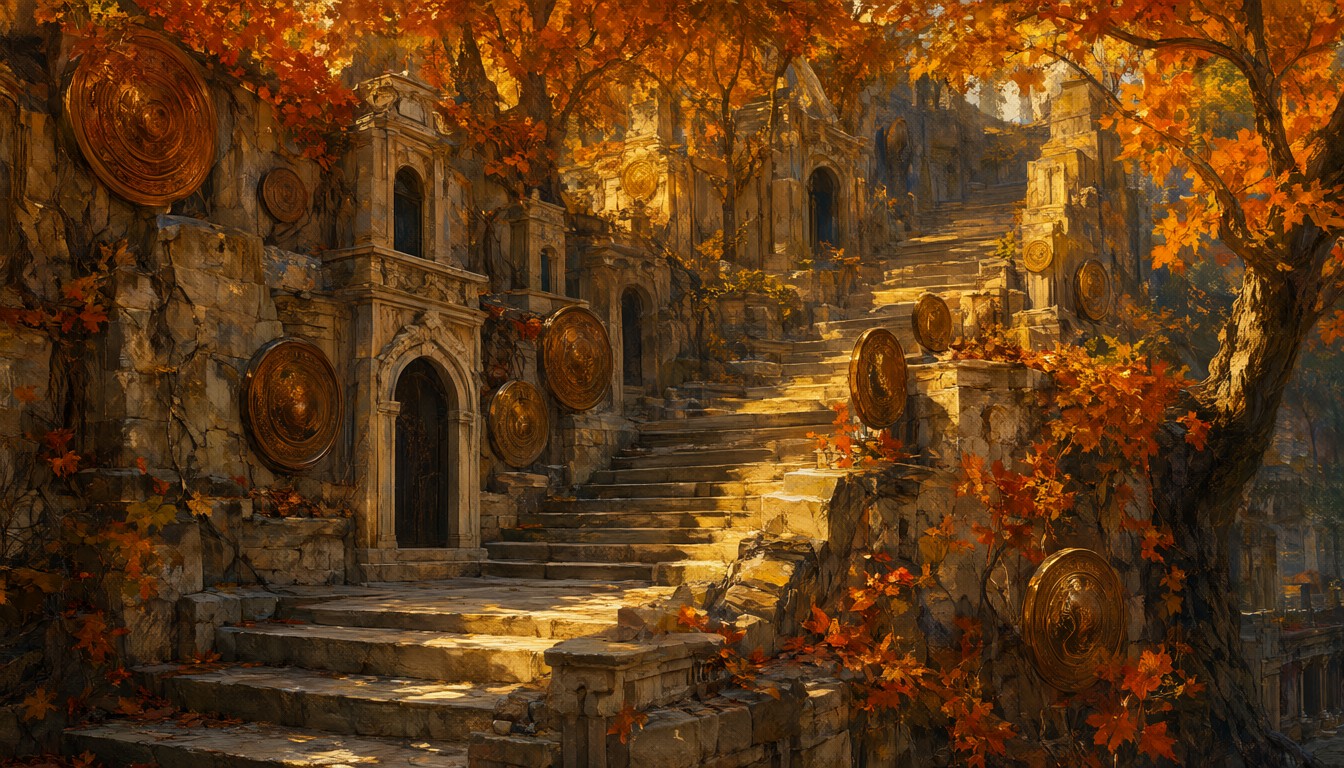 Pale stone steps climbing between small chapels hung with bronze discs, under trees holding burnished autumn leaves