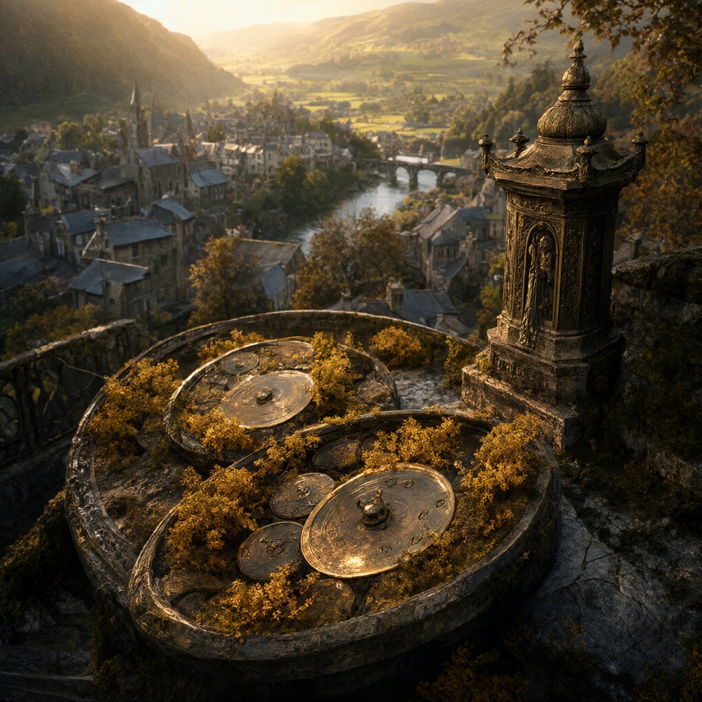 A small stone shrine with bronze discs set among autumn leaves on a high stair, the town and river small below