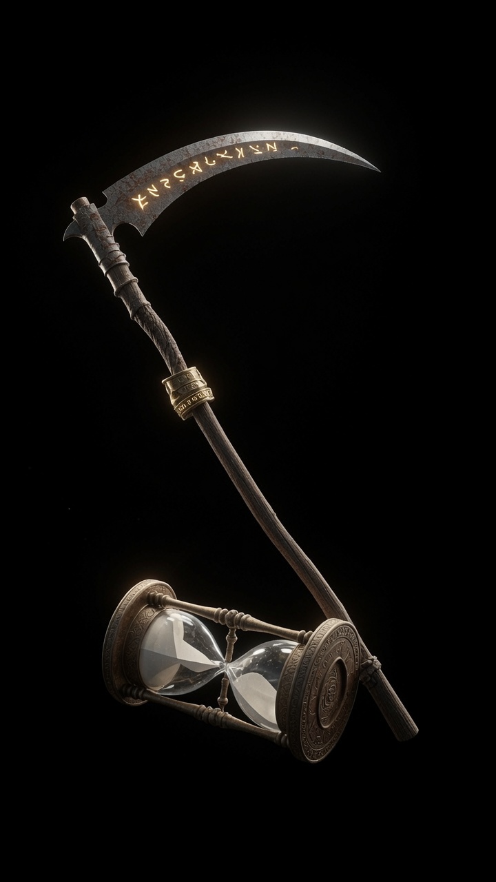 The Harvest of Days, Noia's silver sickle artifact, resting against its hourglass