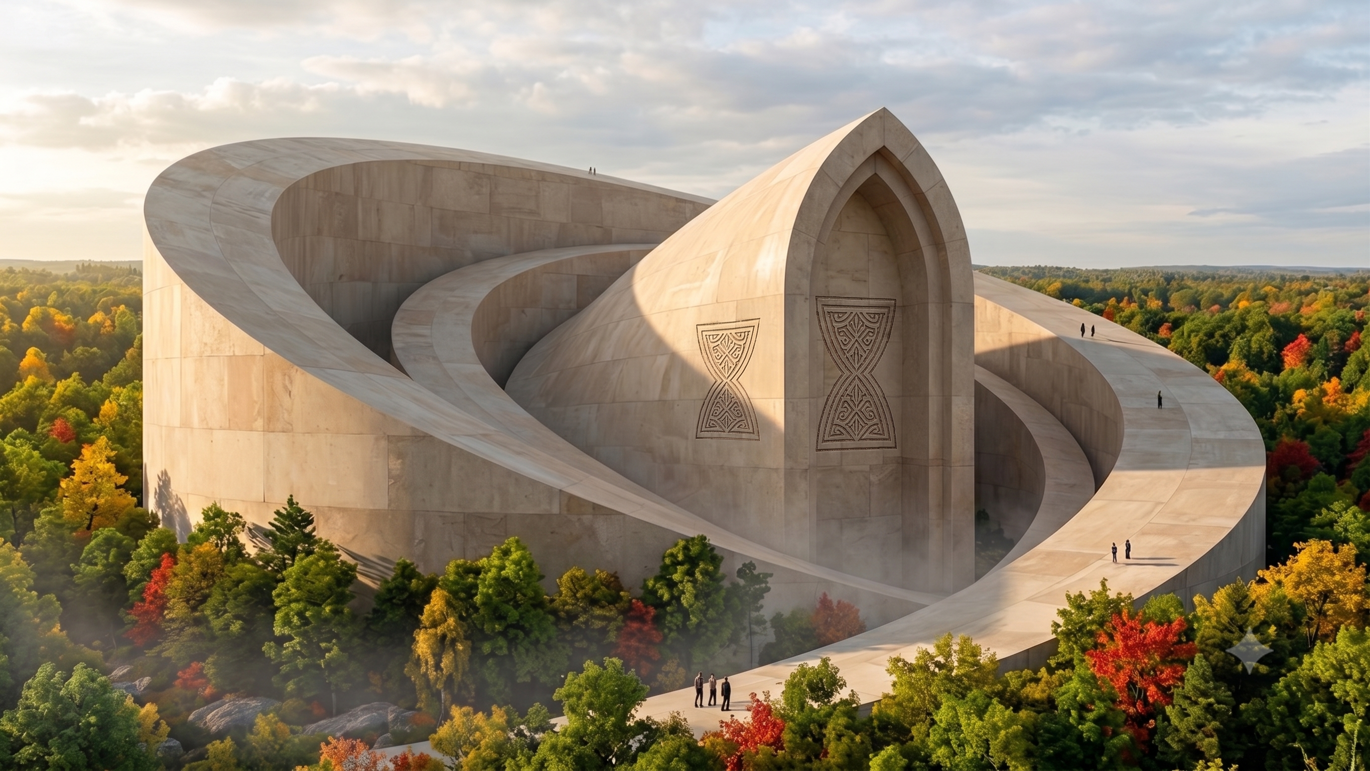 A temple of Noia set into an autumn forest in Seug, its stone rings winding among the trees