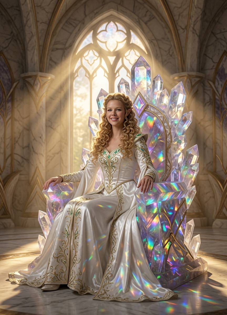 Queen Riquelanthalis of Monemvasia, seated on a crystalline throne