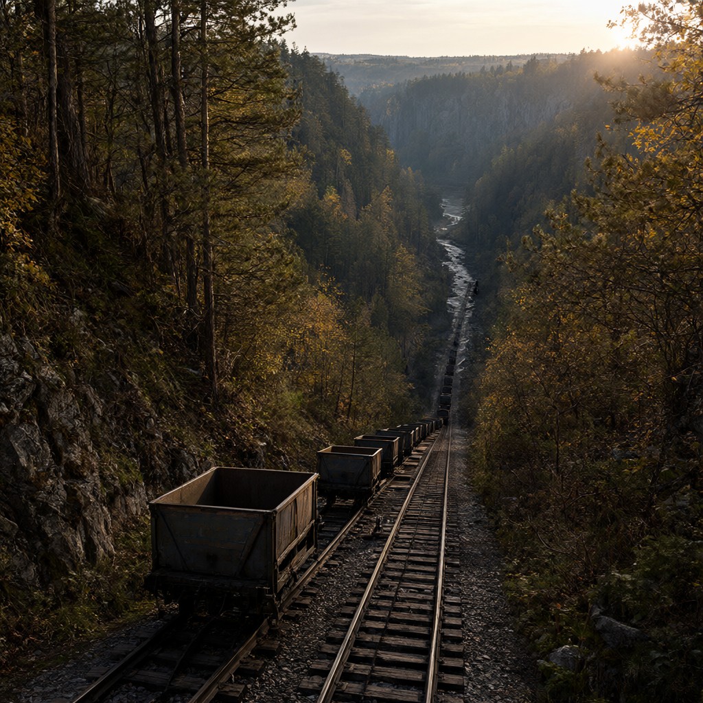 A line of carts descending a track cut into a forested canyon wall, the river far below in low sun