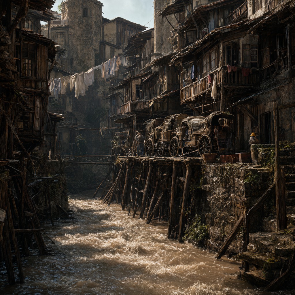 The river running hard and brown between the stilted houses of Salthread, carts and people crowded on the upper cliff road