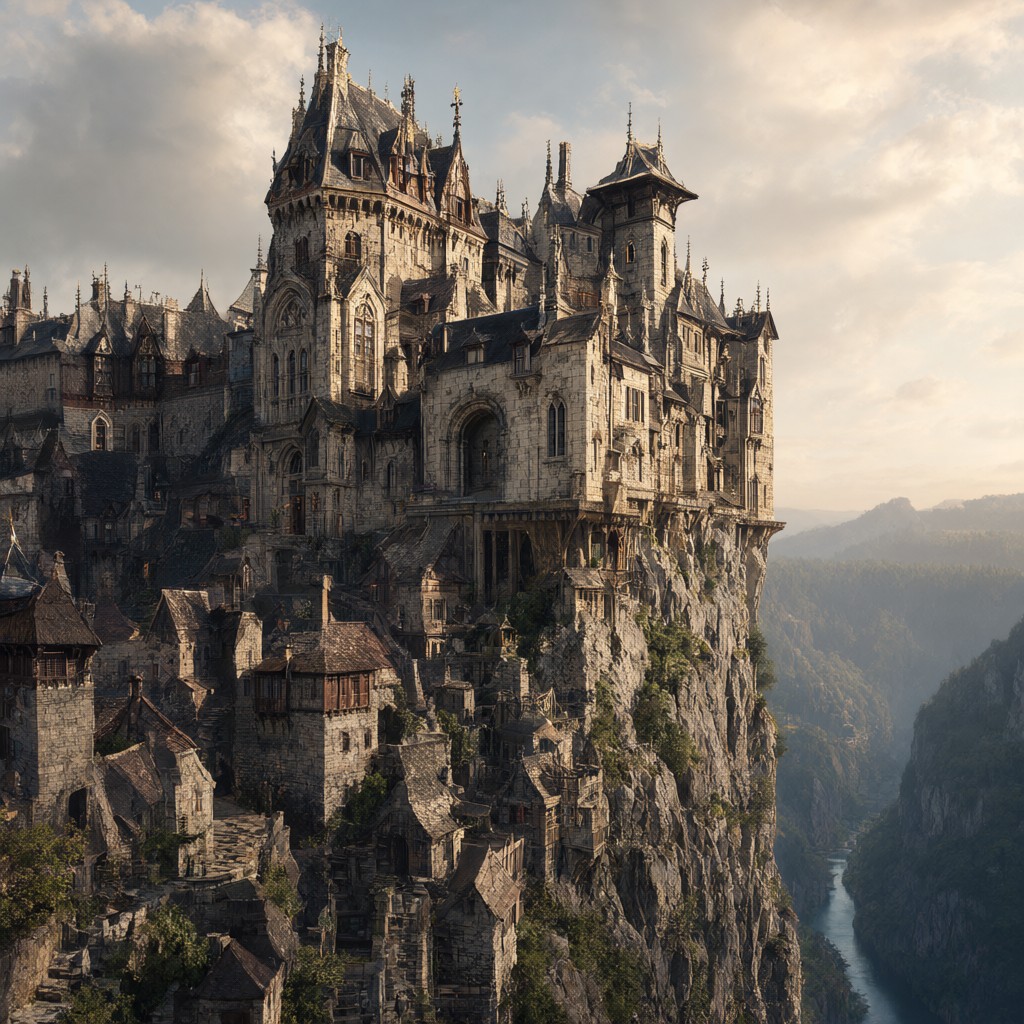 A tall pale-stone palace of towers and steep roofs on a cliff spur above the gorge, the river far below