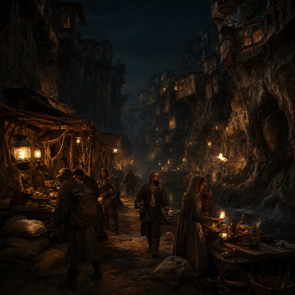 The single road of Salthread at night: lantern-lit stalls, salt sacks, merchants and seers, cliff houses rising on both sides