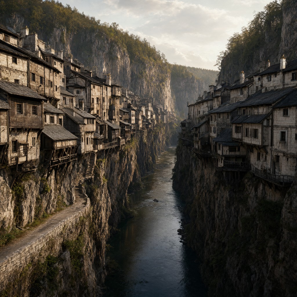 Salthread seen down its gorge: houses stacked on both cliff walls above a dark river, one road cut into the west cliff, forested rims above